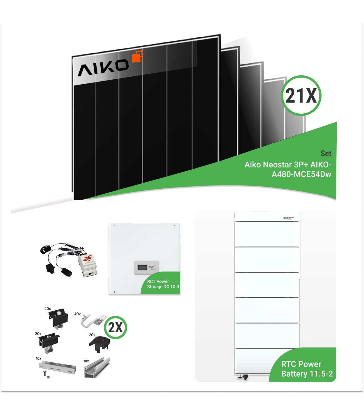 10,08 kWp PV-Komplettset mit 21x AIKO-A480-MCE54Dw Neostar 3P+ 480W Glas-Glas Modulen & RCT Power Storage 10.0 & RCT Power Battery 11.5-2 Speicher – inkl. Unterkonstruktion für Ziegeldächer