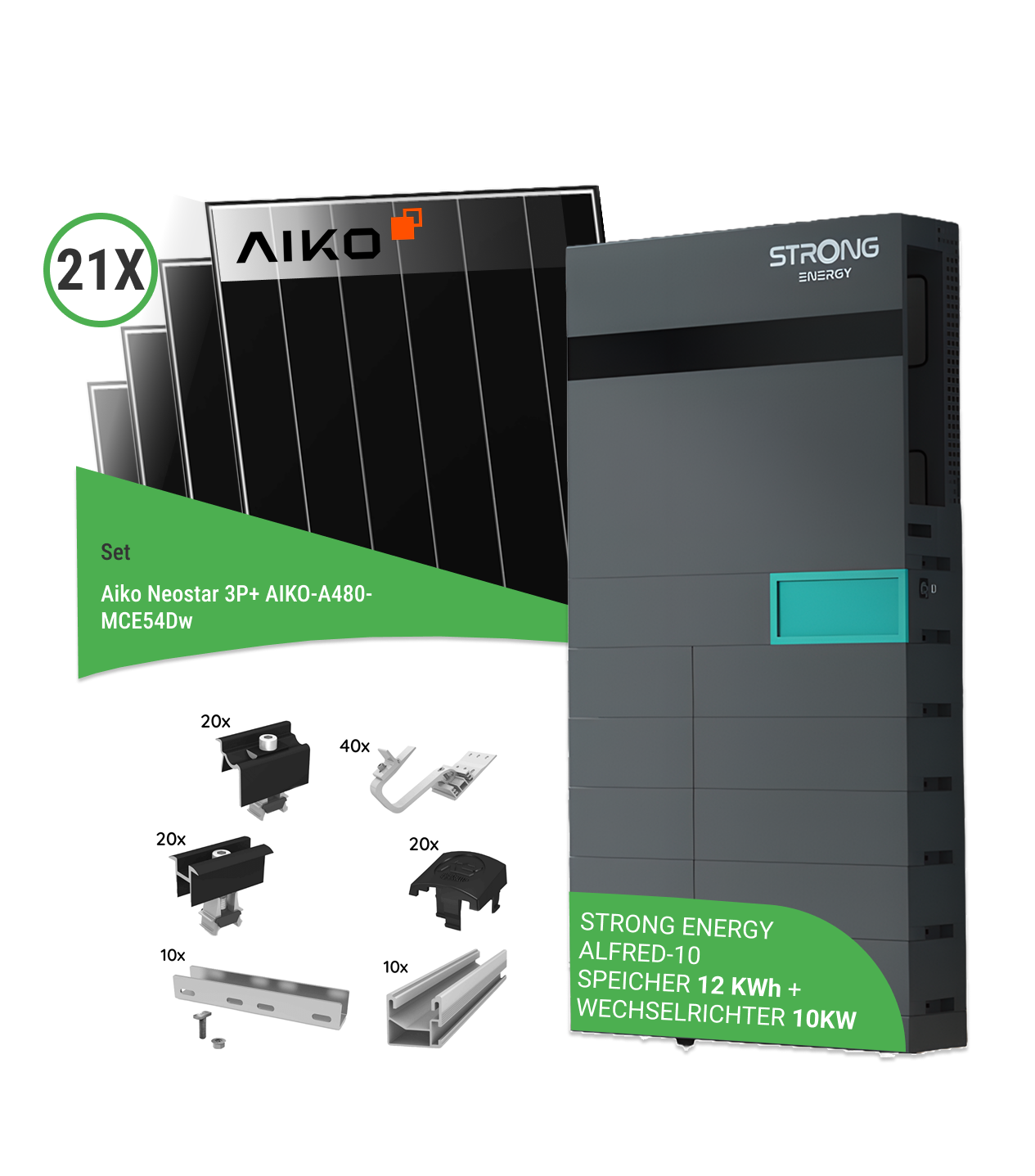 10,08 kWp PV-Komplettset mit 21x AIKO AIKO-A480-MCE54Dw Neostar 3P+ 480 W Glas/Glas Solarmodule & STRONG ENERGY ALFRED-10 - inkl. K2 Unterkonstruktion für Ziegeldächer