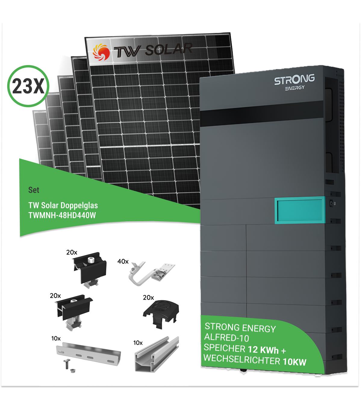 10,12 kWp PV-Komplettset mit 23x TW Solar TWMNH-48HD440W Doppelglas-Modulen & STRONG ENERGY ALFRED-10 Speicher (12 kWh) – inkl. K2 Unterkonstruktion für Ziegeldächer