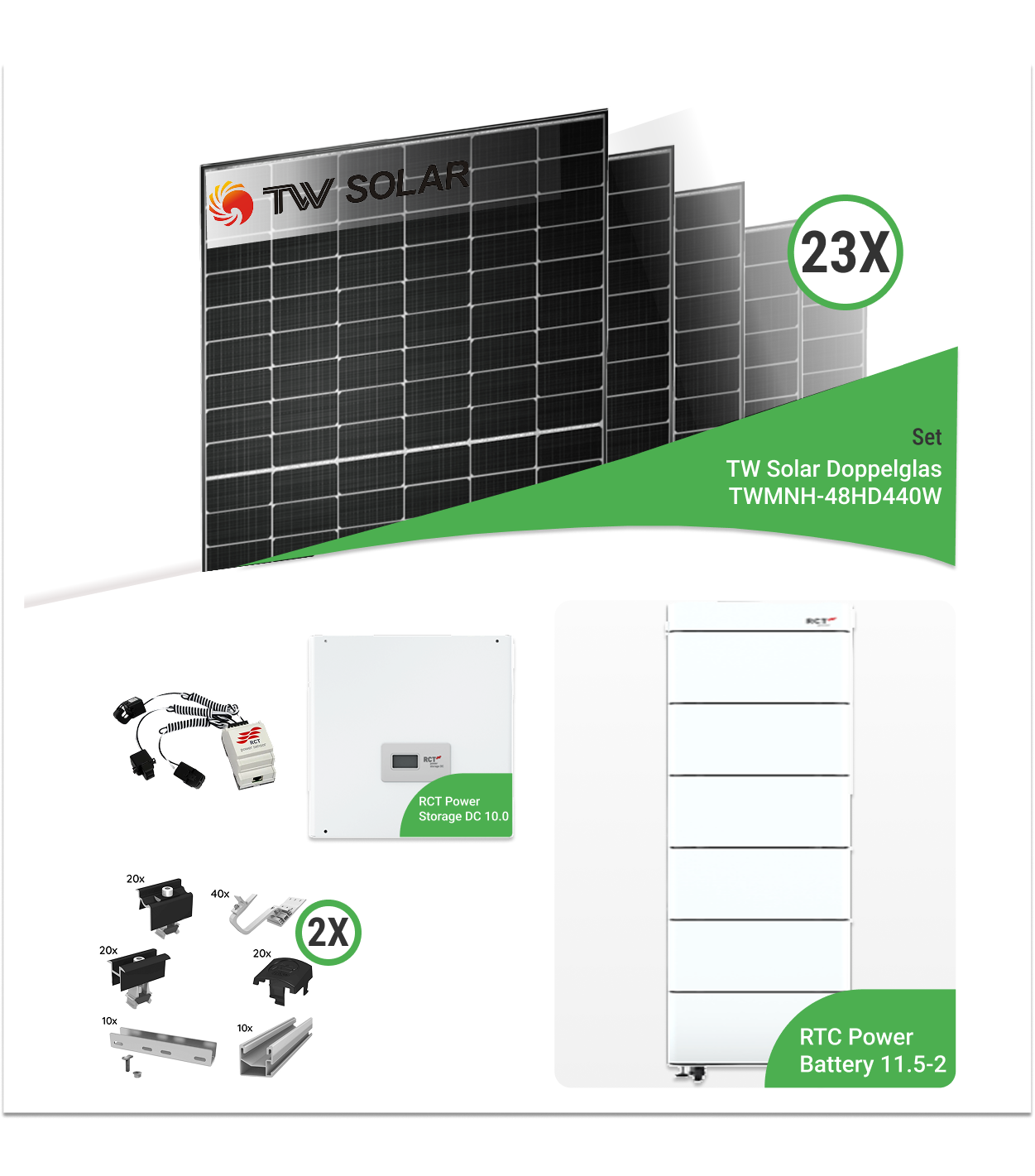 10,12 kWp PV-Komplettset mit 23x TW Solar TWMNH-48HD440W Doppelglasmodule & RCT Speicher – inkl. K2 Unterkonstruktion für Ziegeldächer