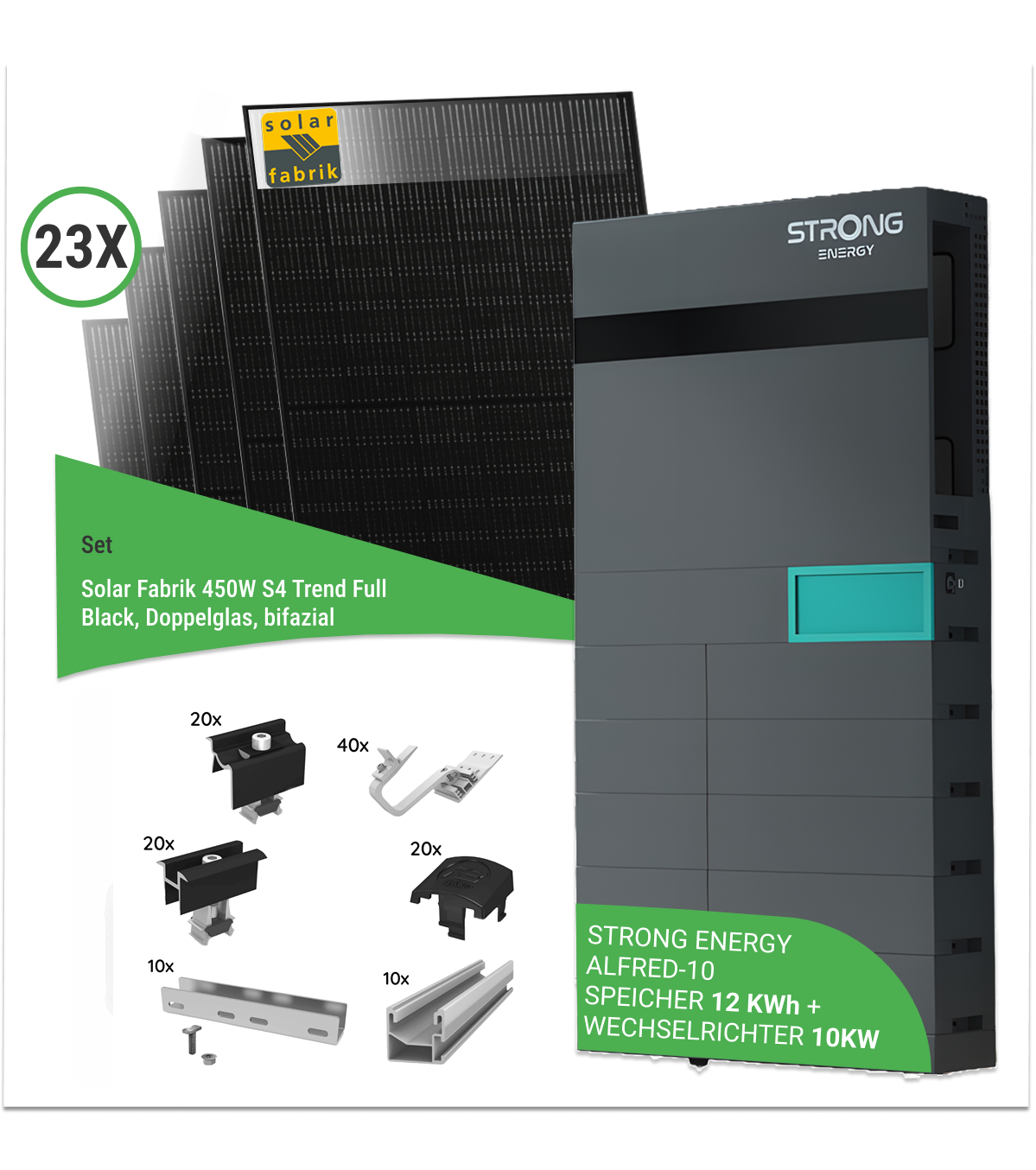 10,35 kWp PV-Komplettset mit 23x Solar Fabrik 450 W S4 Trend Full Black bifaziale Doppelglas-Module & STRONG ENERGY ALFRED-10 - inkl. K2 Unterkonstruktion für Ziegeldächer