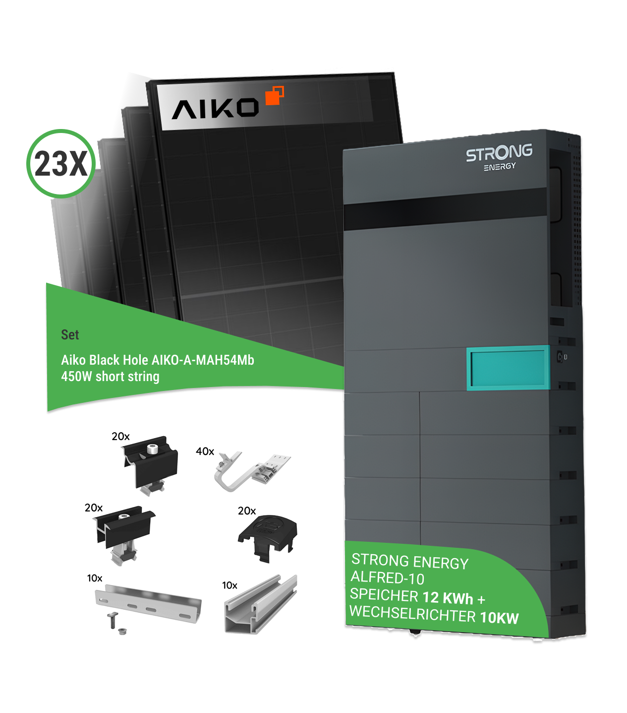 10,35 kWp PV-Komplettset mit 23x Aiko Black Hole AIKO-A-MAH54Mb 450W short string & STRONG ENERGY ALFRED-10 - inkl. K2 Unterkonstruktion für Ziegeldächer