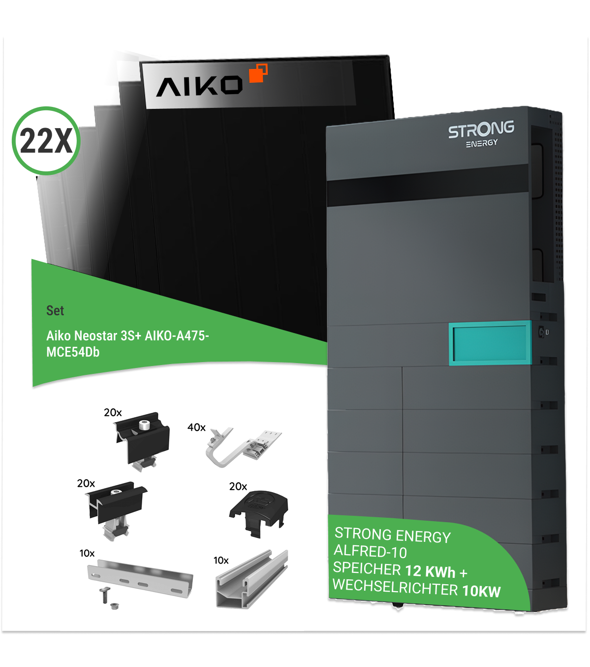 10,45 kWp PV-Komplettset mit 22x AIKO-A475-MCE54Db Neostar 3S+ 475 W Glas/Glas & STRONG ENERGY ALFRED-10 (12 kWh + 10 kW Wechselrichter) – inkl. K2 Unterkonstruktion für Ziegeldächer