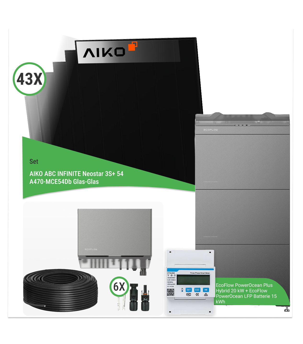 20,21 kWp PV-Komplettset mit 43x AIKO ABC Infinite 470 Wp & EcoFlow PowerOcean Plus Hybrid 20 kW mit 15 kWh Speicher