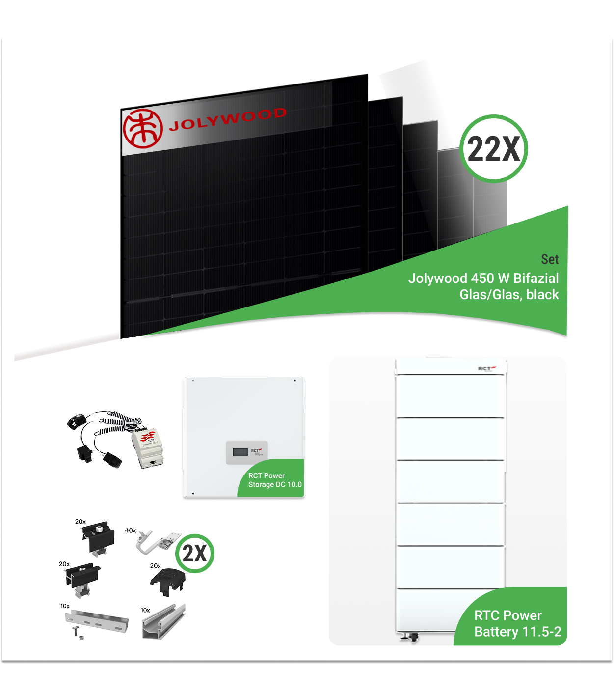 9,90 kWp PV-Komplettset mit 22x Jolywood 450 W Niwa Black R3 Bifazial Glas/Glas & RCT Speicher – inkl. K2 Unterkonstruktion für Ziegeldächer