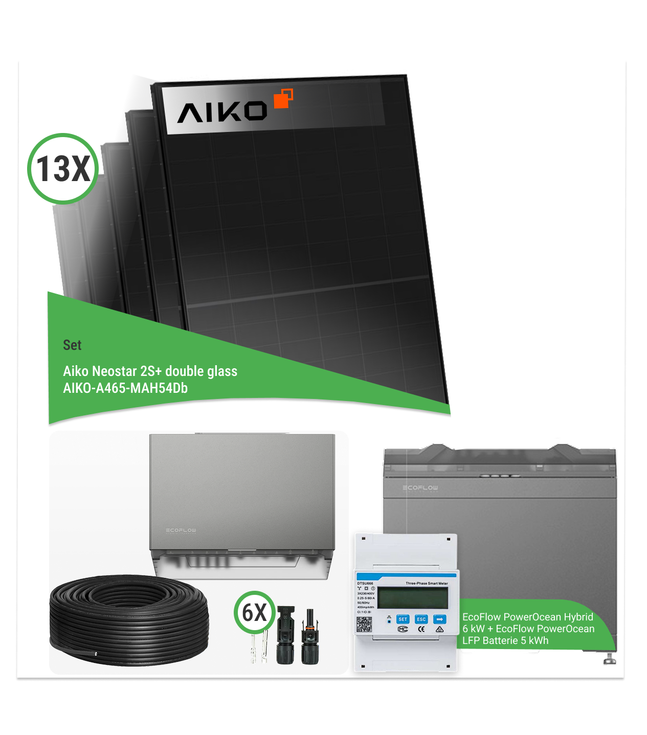 6 kWp Photovoltaik-Komplettset mit 13x AIKO Neostar 465 W Doppelglas & EcoFlow PowerOcean Hybrid 6 kW + 5 kWh Speicher