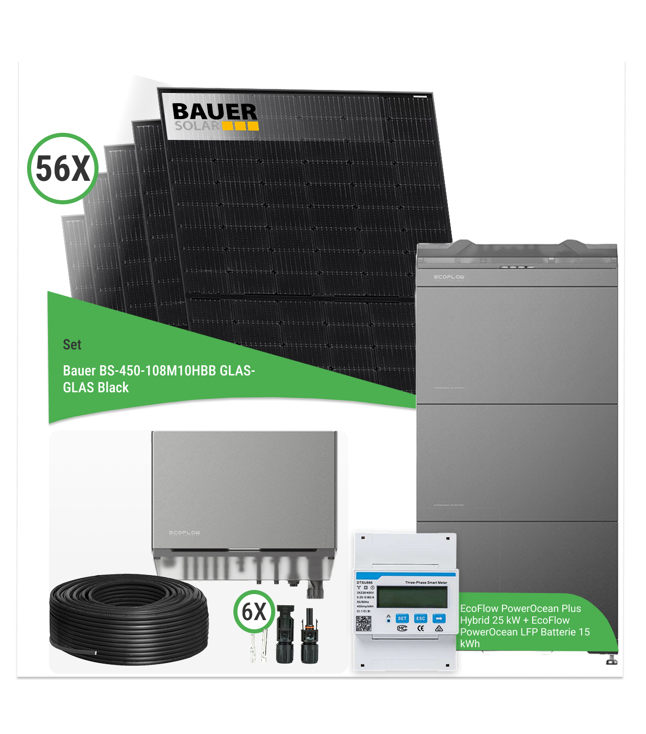 25,2 kWp PV-Komplettset mit 56x Bauer Glas-Glas 450 Wp & EcoFlow PowerOcean Plus Hybrid 25 kW mit 15 kWh Speicher